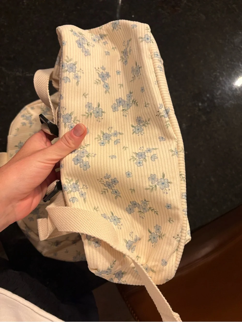 Floral Corduroy Backpack — Cream with Light Blue Flowers